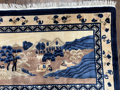 Chinese Pictorial Rug Antique Handmade 2.7x5 Village and Hills Beige Blue Wall Hanging Tapestry