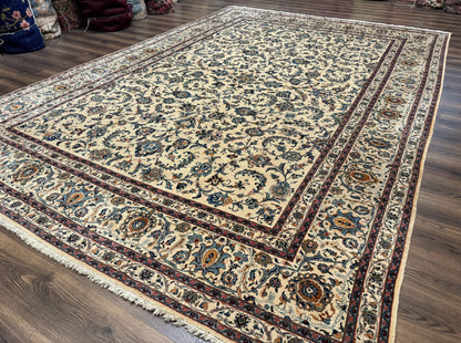 Persian Kashan Rug 10x14, Bone - Beige and Blue, Allover Pattern, Traditional Persian Carpet, Fine 260 KPSI