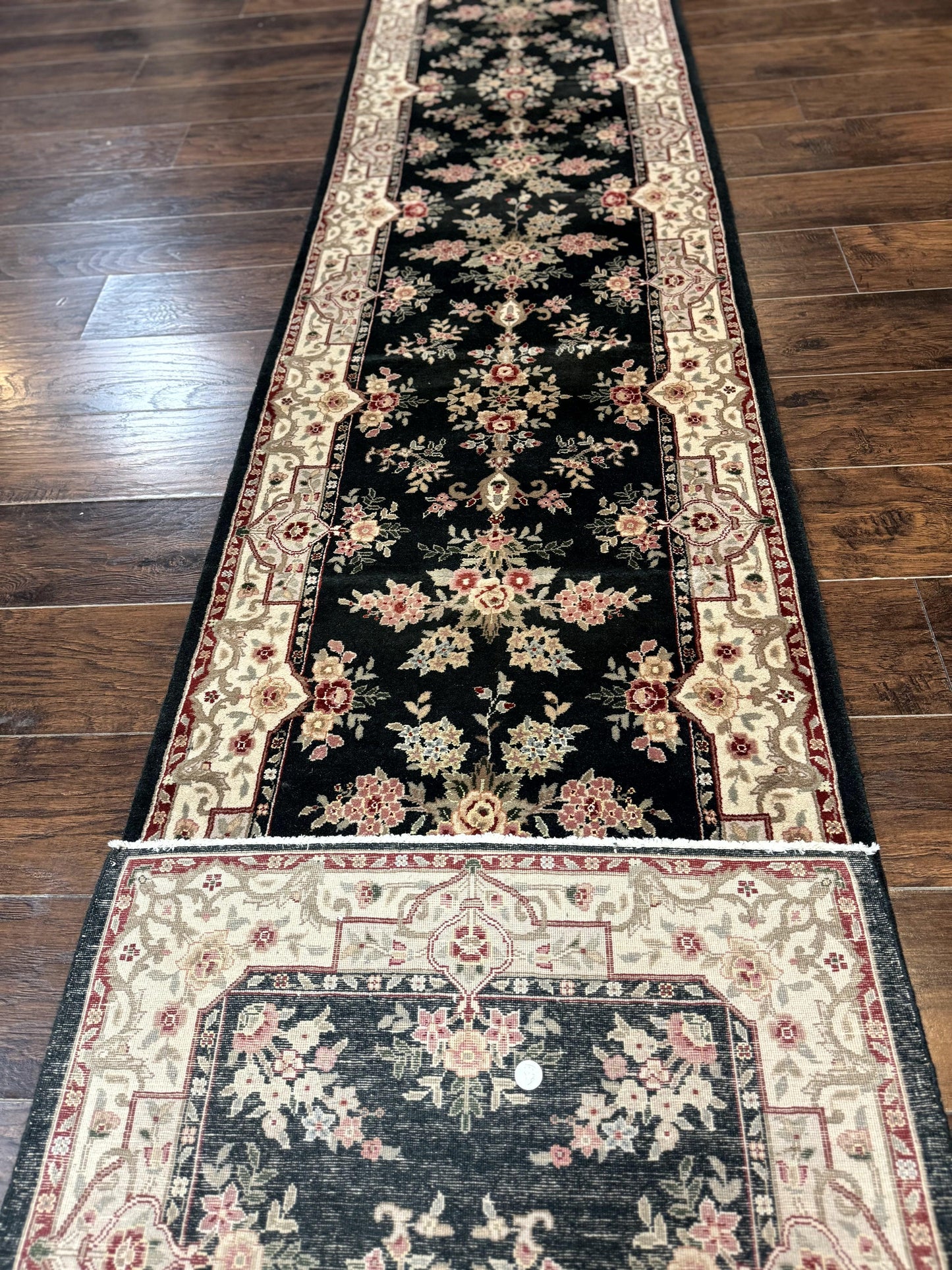 Long Pak Persian Runner Rug 2.7 x 21, Floral Allover, Dark Green and Beige, Handmade Wool Runner Rug, 21ft Runner for Hallway