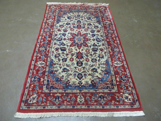 Oriental Floral Medallion Wool Rug Vintage Handmade 3x5 Beige Red Blue Veg Dyes