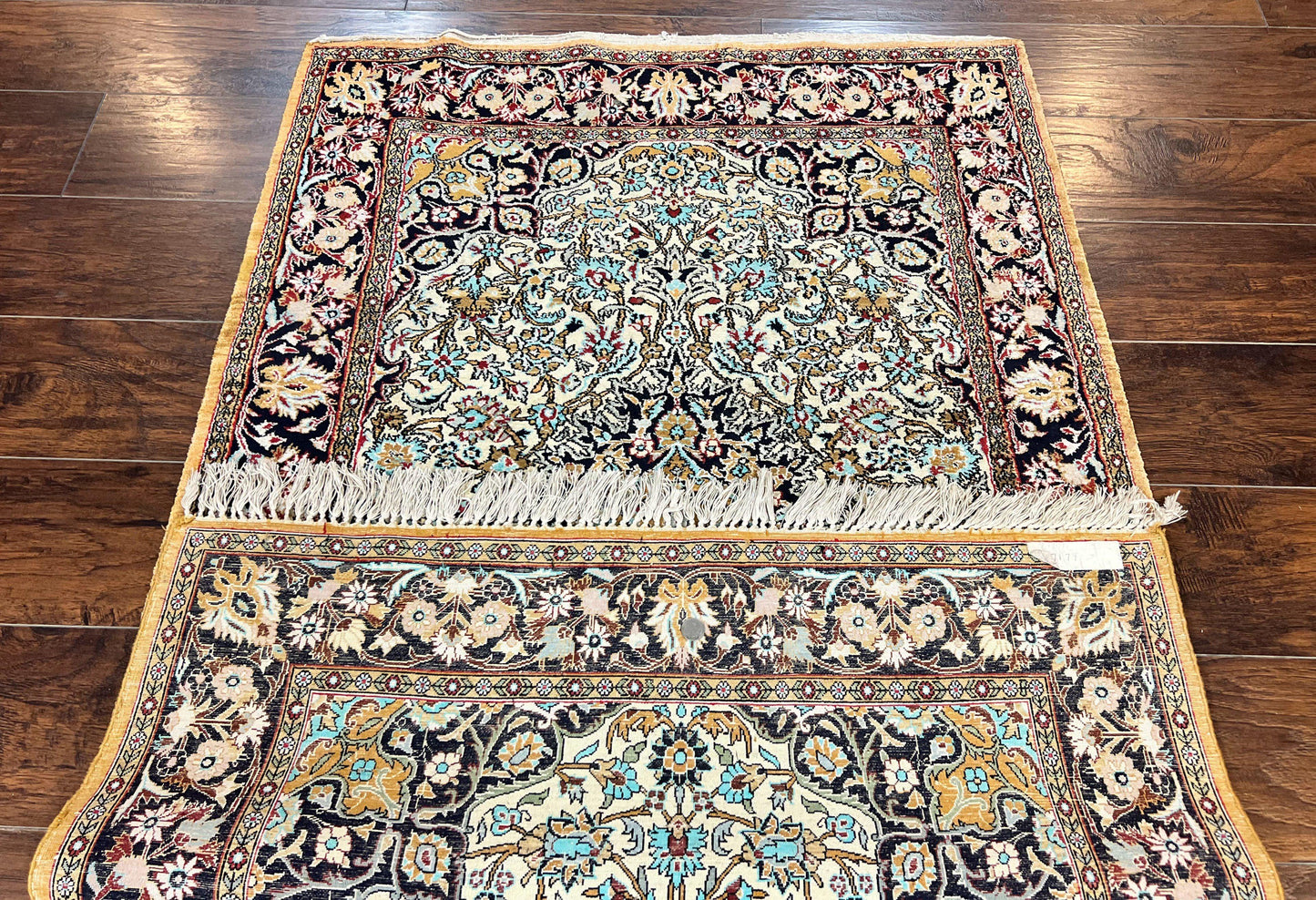 Silk Persian Qum Rug 4x5, Hand Knotted Vintage Carpet, Cream & Navy Blue, Silk Pile on Silk Foundation, Very Fine 360 KPSI