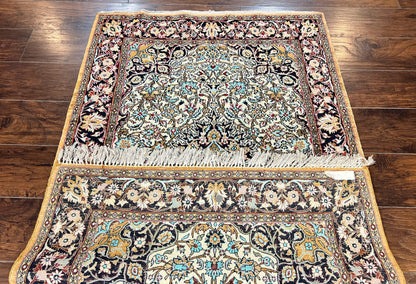Silk Persian Qum Rug 4x5, Hand Knotted Vintage Carpet, Cream & Navy Blue, Silk Pile on Silk Foundation, Very Fine 360 KPSI