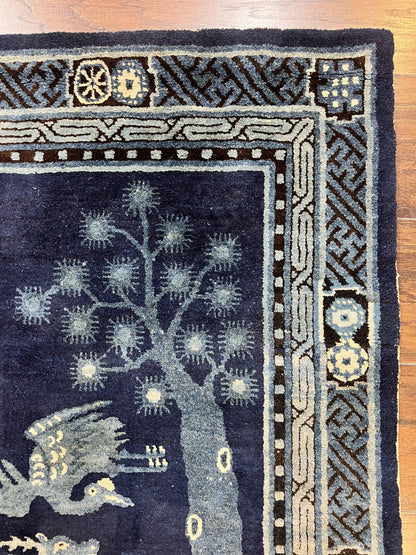 Antique Chinese Peking Rug 3x5 Handmade Wool Oriental Carpet With Deer And Birds