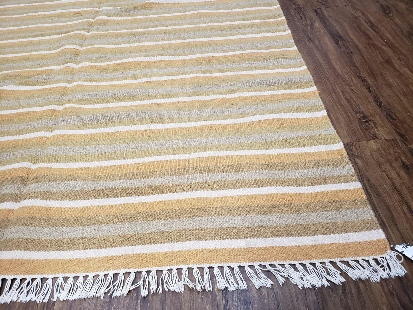 New Indian Kilim Area Rug, 6x8 - 7x8 South American Style Blanket, Striped Indian Wool Hand-Woven Flat Weave 6x9 Bedroom Rug, Ivory Ochre