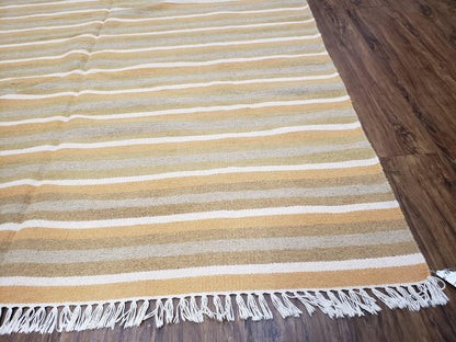 New Indian Kilim Area Rug, 6x8 - 7x8 South American Style Blanket, Striped Indian Wool Hand-Woven Flat Weave 6x9 Bedroom Rug, Ivory Ochre