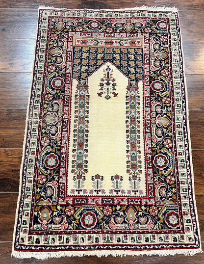 Turkish Prayer Rug Two Point Five By Four Vintage Wool Hand Knotted Ivory Carpet