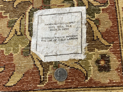 Large Indian Rug 10x14, Hand Knotted Indo Persian Gandehar Oriental Carpet, Vintage Wool Rug 10 x 14 ft Cream Red Floral Allover Traditional