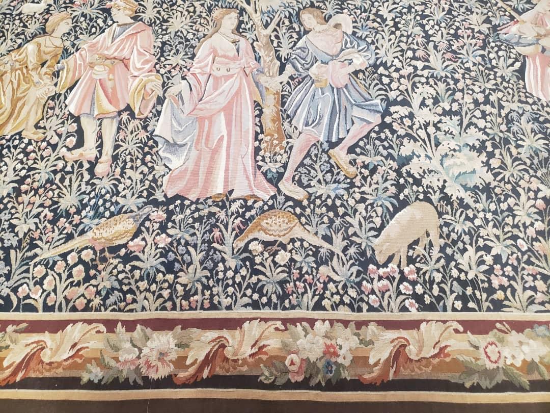 Vintage European Tapestry Aubusson Weave Wool Wall Hanging Courtship Scene Animals