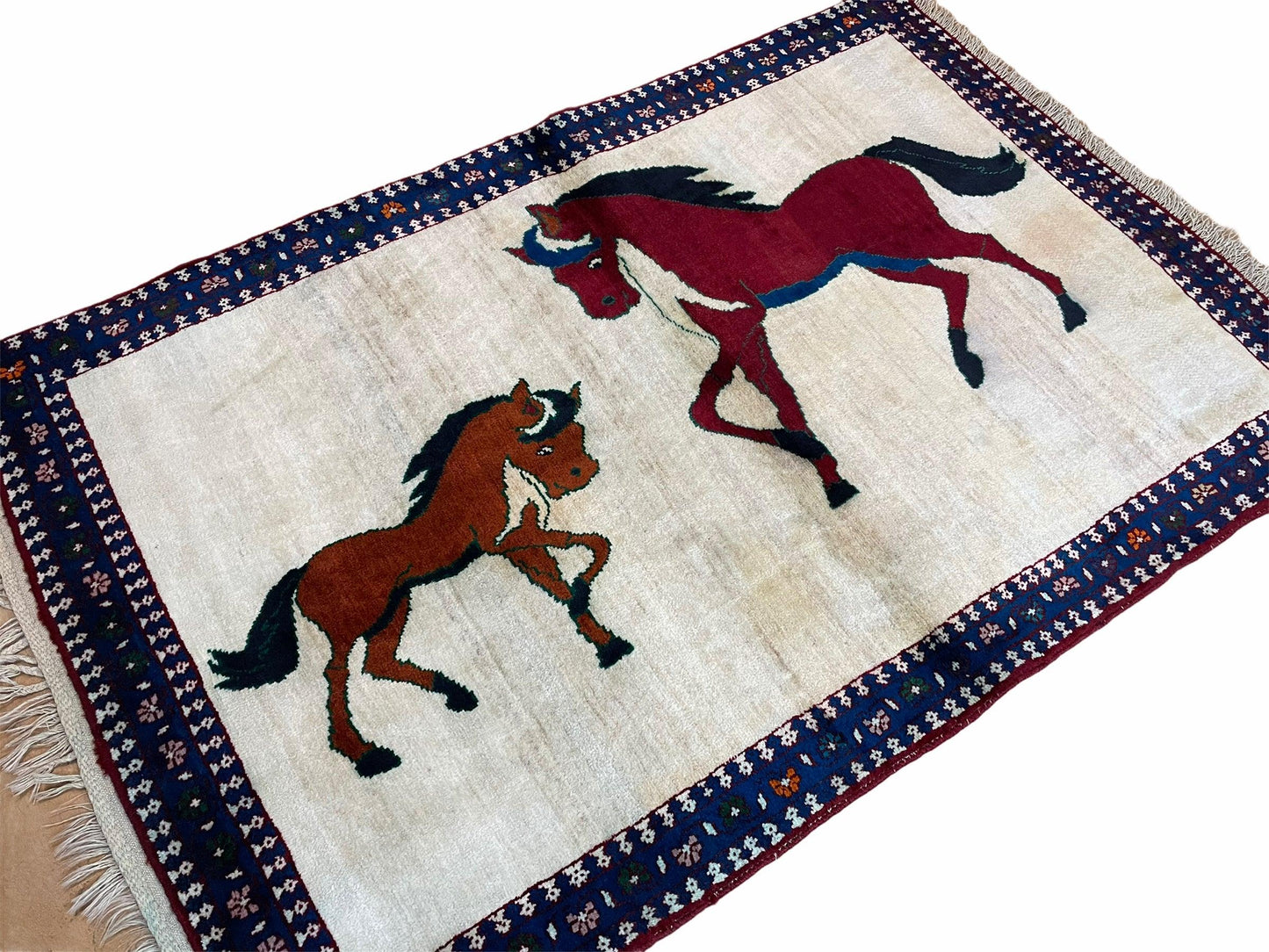 Handmade Wool Pictorial Horse Rug Hand Knotted 3.5 By 5 Brown