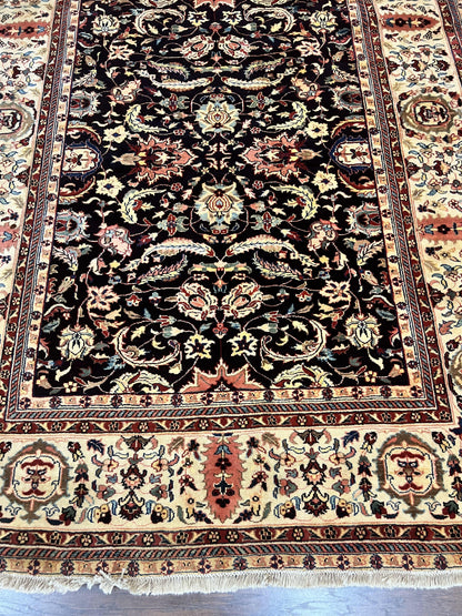 Indo Persian Rug 5x15, Wide Runner Rug 5 x 15 ft, Wool Hand Knotted Vintage Carpet, Black & Cream, Floral Allover Long Oriental Rug