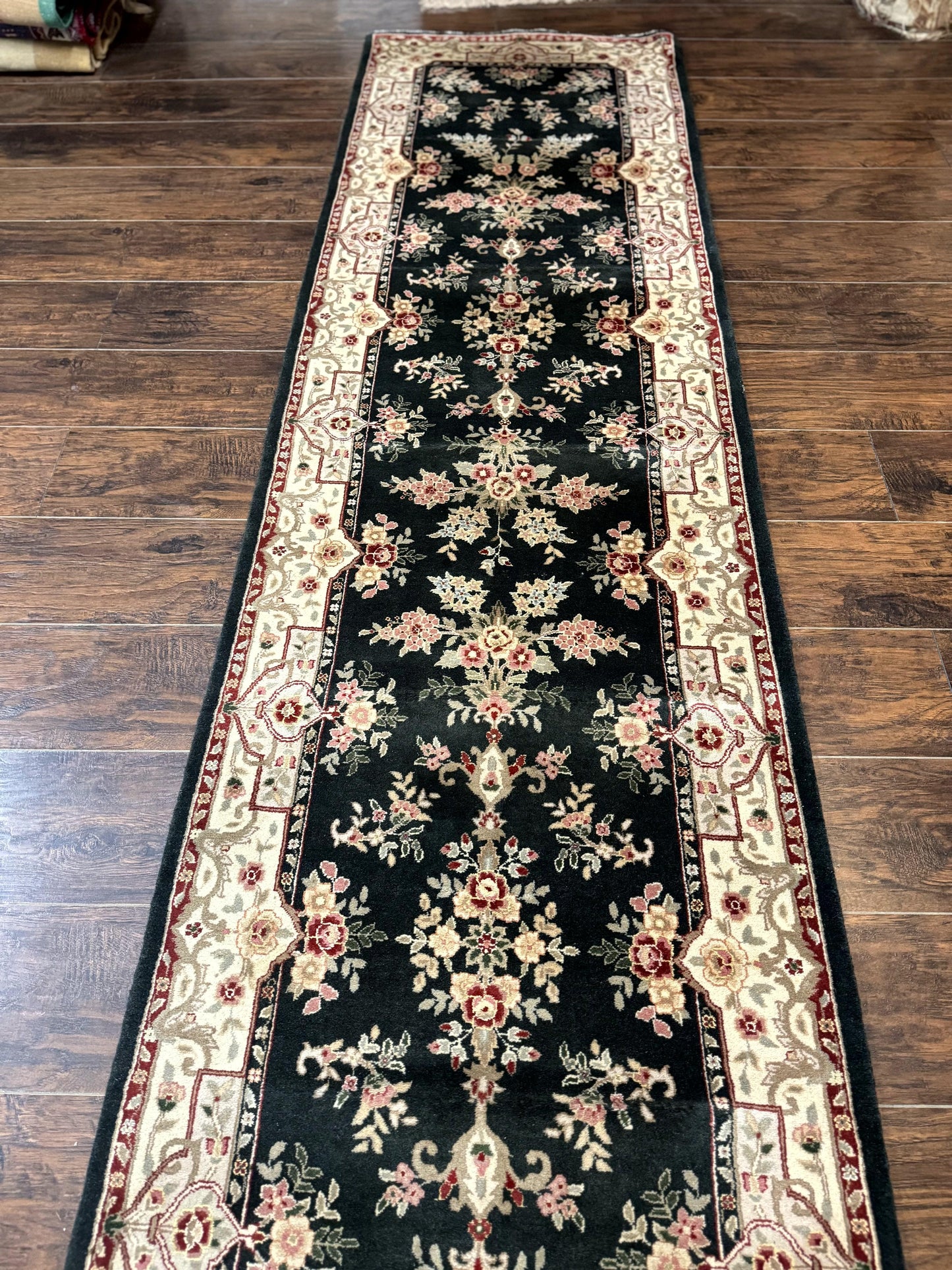 Long Pak Persian Runner Rug 2.7 x 21, Floral Allover, Dark Green and Beige, Handmade Wool Runner Rug, 21ft Runner for Hallway