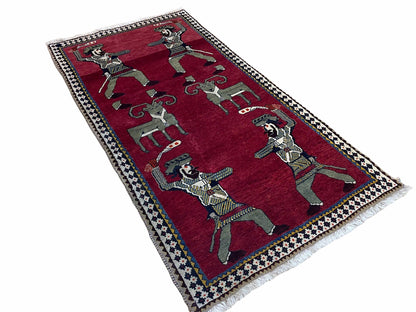 Handmade Wool Rug 3x6 Tribal Balouch Warriors Deer Pictorial Red Swords