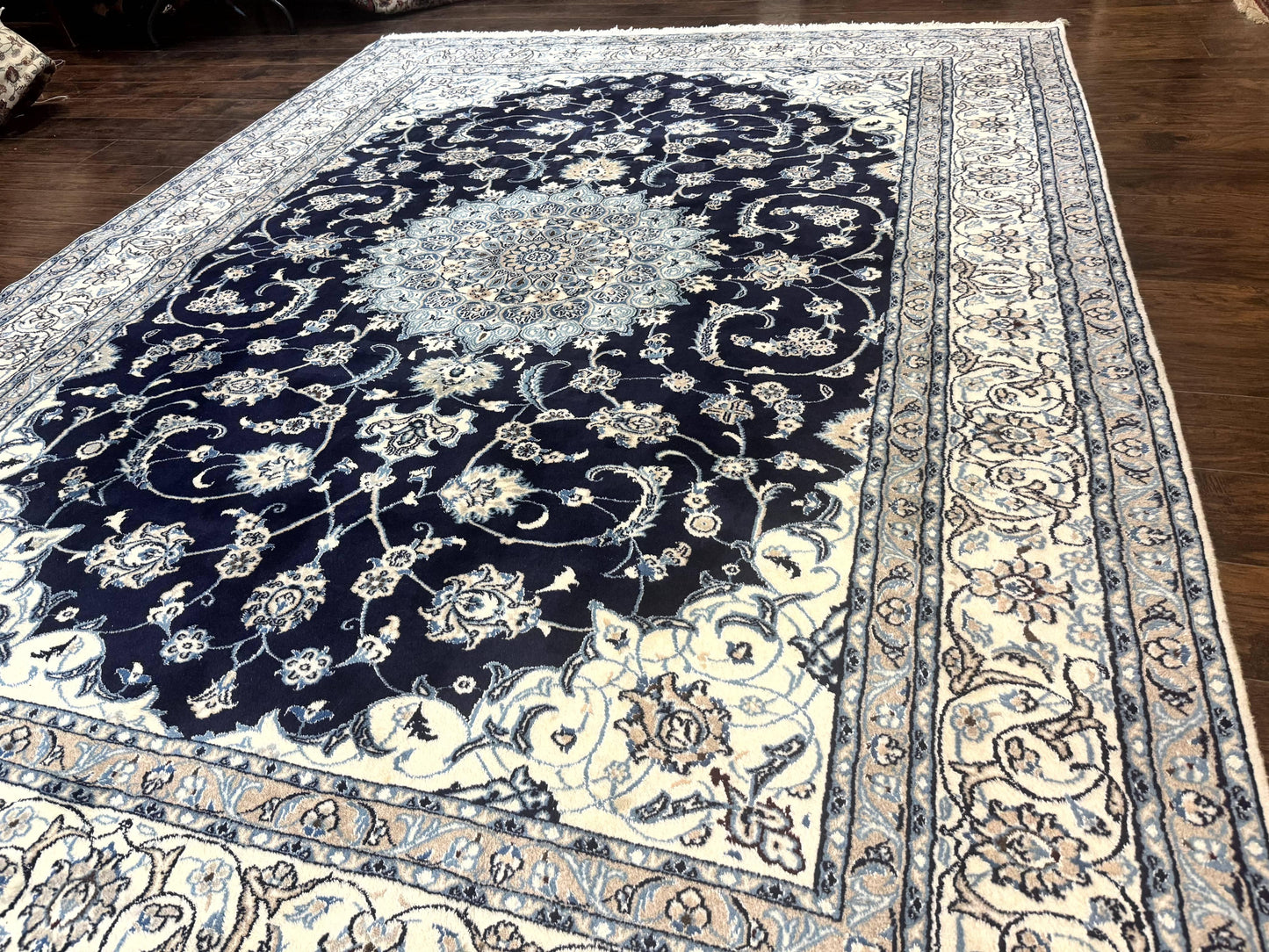 Persian Nain Rug 8x11, Navy Blue and Ivory, Handmade Wool Vintage Carpet, Floral Medallion