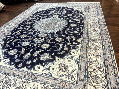 Persian Nain Rug 8x11, Navy Blue and Ivory, Handmade Wool Vintage Carpet, Floral Medallion
