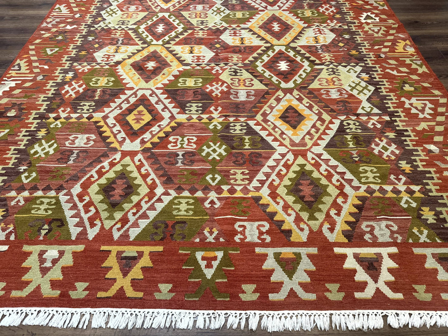 Turkish Kilim Rug 8x10 Geometric Design Handwoven Wool Carpet