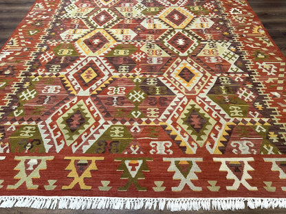 Turkish Kilim Rug 8x10 Geometric Design Handwoven Wool Carpet