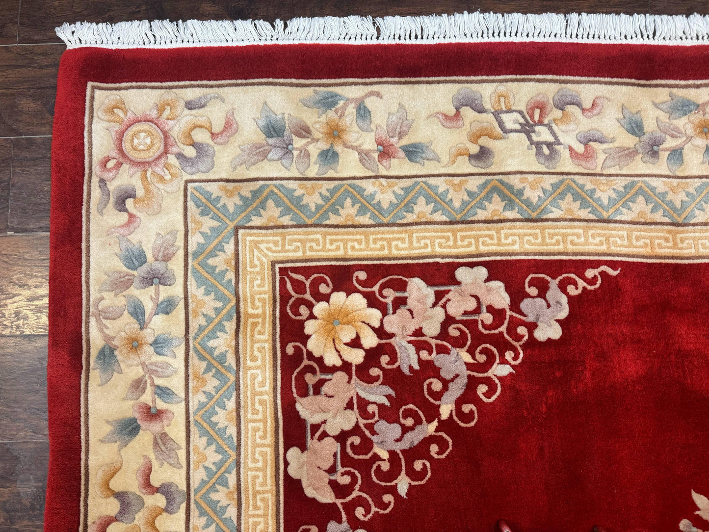 Chinese Wool Rug 8.6 By 11 Vintage Handmade Carved Chinese Oriental Carpet Plush Pile Semi Open Field