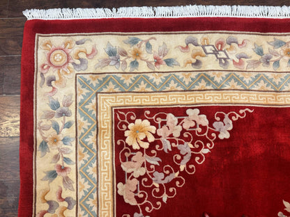 Chinese Wool Rug 8.6 By 11 Vintage Handmade Carved Chinese Oriental Carpet Plush Pile Semi Open Field