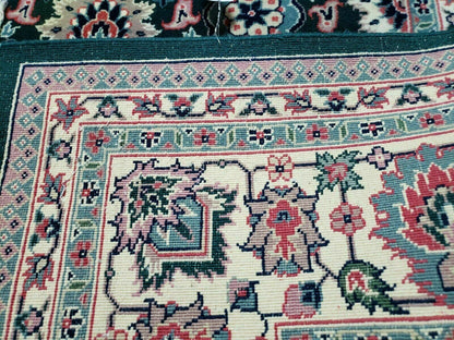 Handmade Indian Wool Rug 8x10 Vintage 1980s Oriental Floral Forest Green Organic Dye