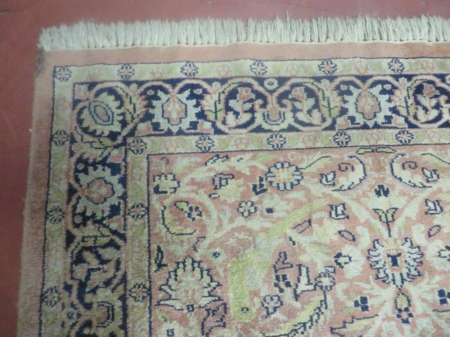 Indian Silk Rug 4x6, Indian Kashmiri Silk Carpet 4 x 6 ft, Vintage Hand Knotted Floral Bird Motifs, Light Pink and Navy Blue, Silk on Cotton