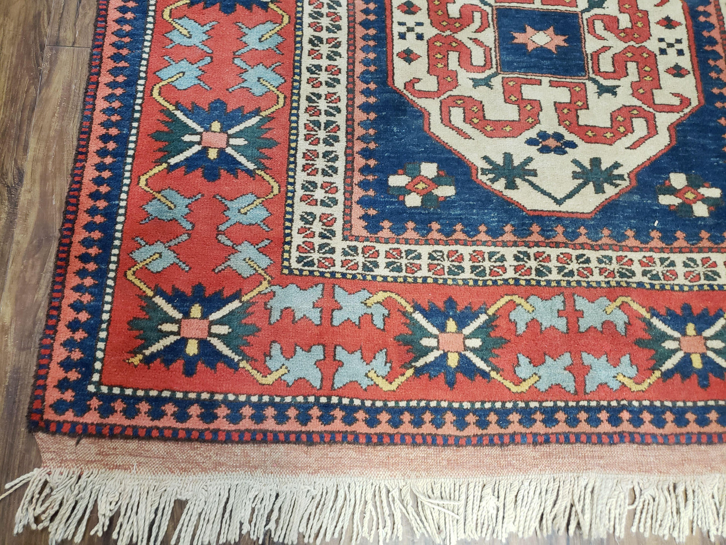 Turkish Kazak Rug 5x6 Vintage Handmade Wool Carpet With Geometric Blue Red Design