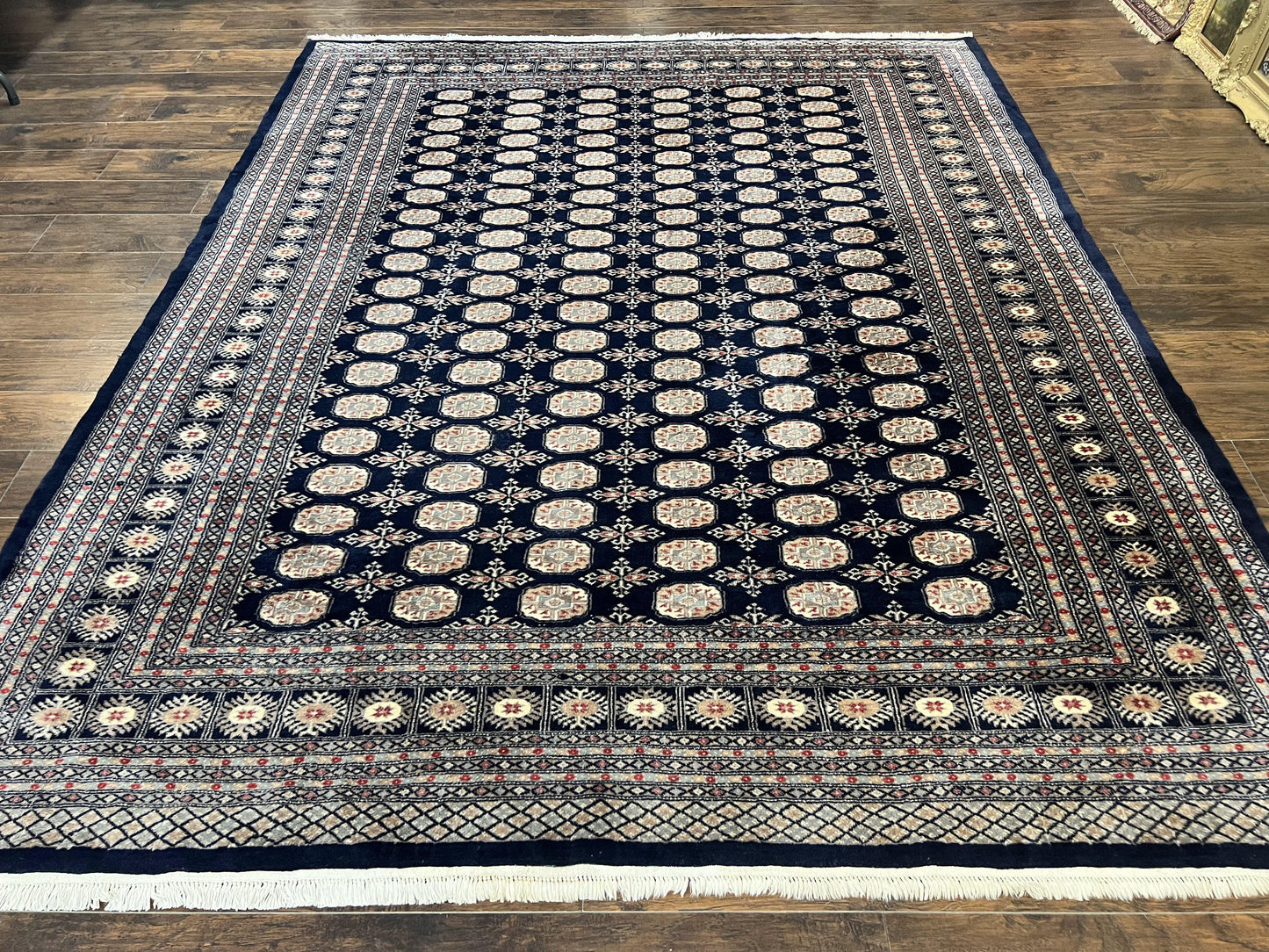 Pakistani Bokhara Rug 8x10 Hand Knotted Wool Vintage Carpet in Dark Blue Beige