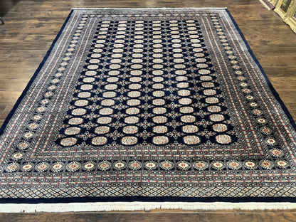 Pakistani Bokhara Rug 8x10 Hand Knotted Wool Vintage Carpet in Dark Blue Beige
