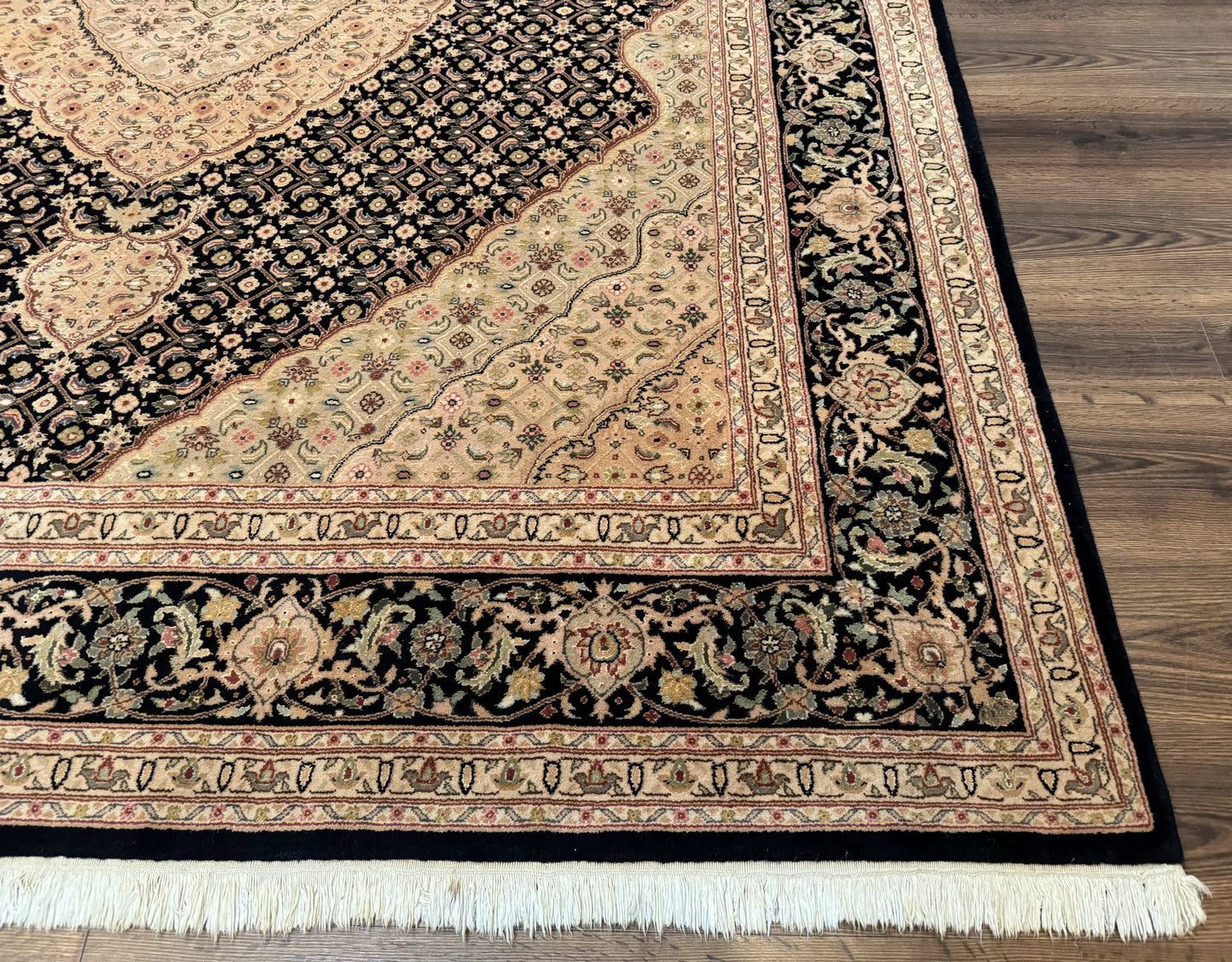 Sino Persian Rug 8x10, Herati Mahi Pattern, Fine 170 KPSI, Black, Wool and Silk Highlights