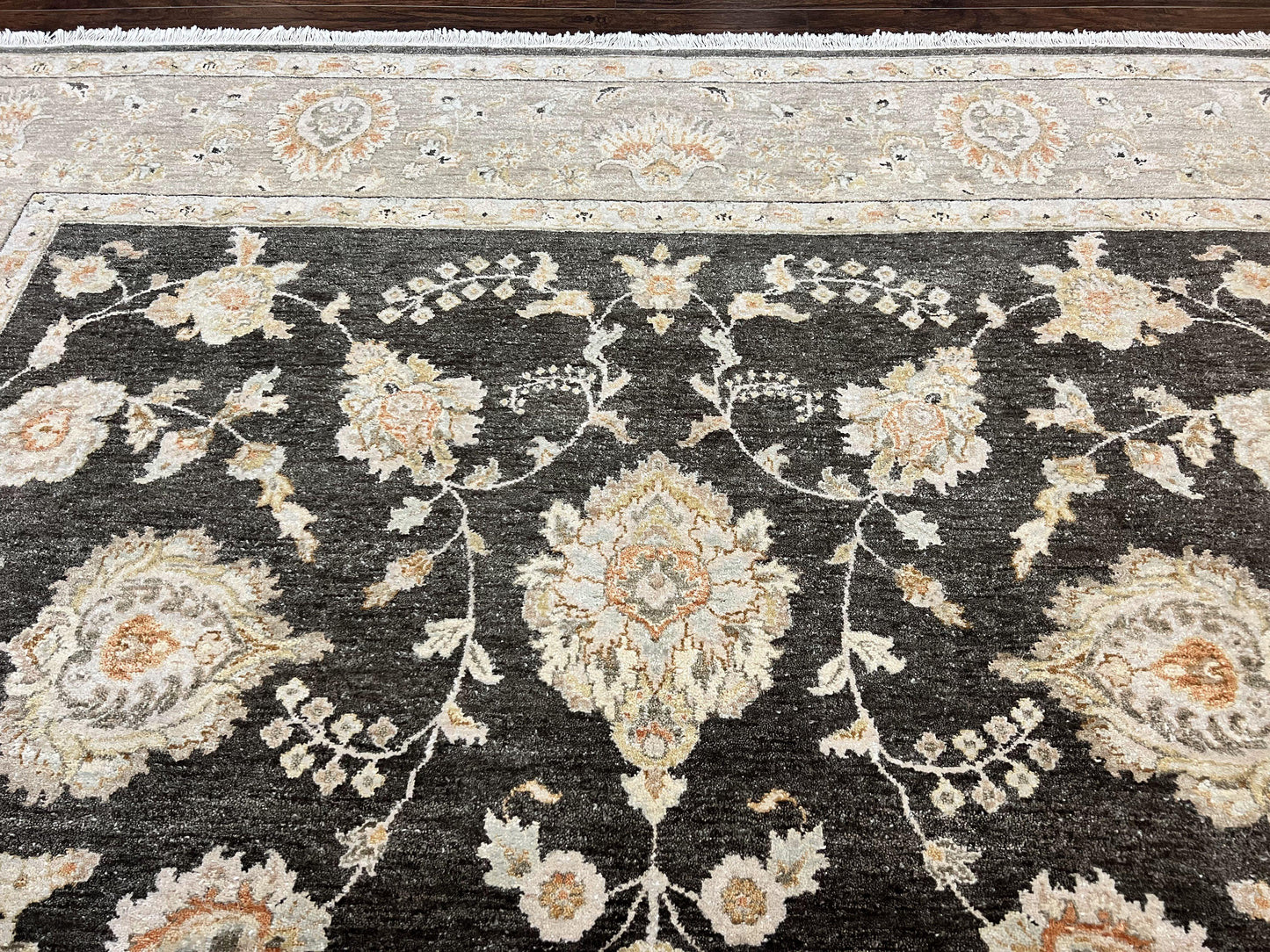 Indo Persian Rug 9x12 Hand Knotted Wool Vintage Floral Dark Brown Carpet