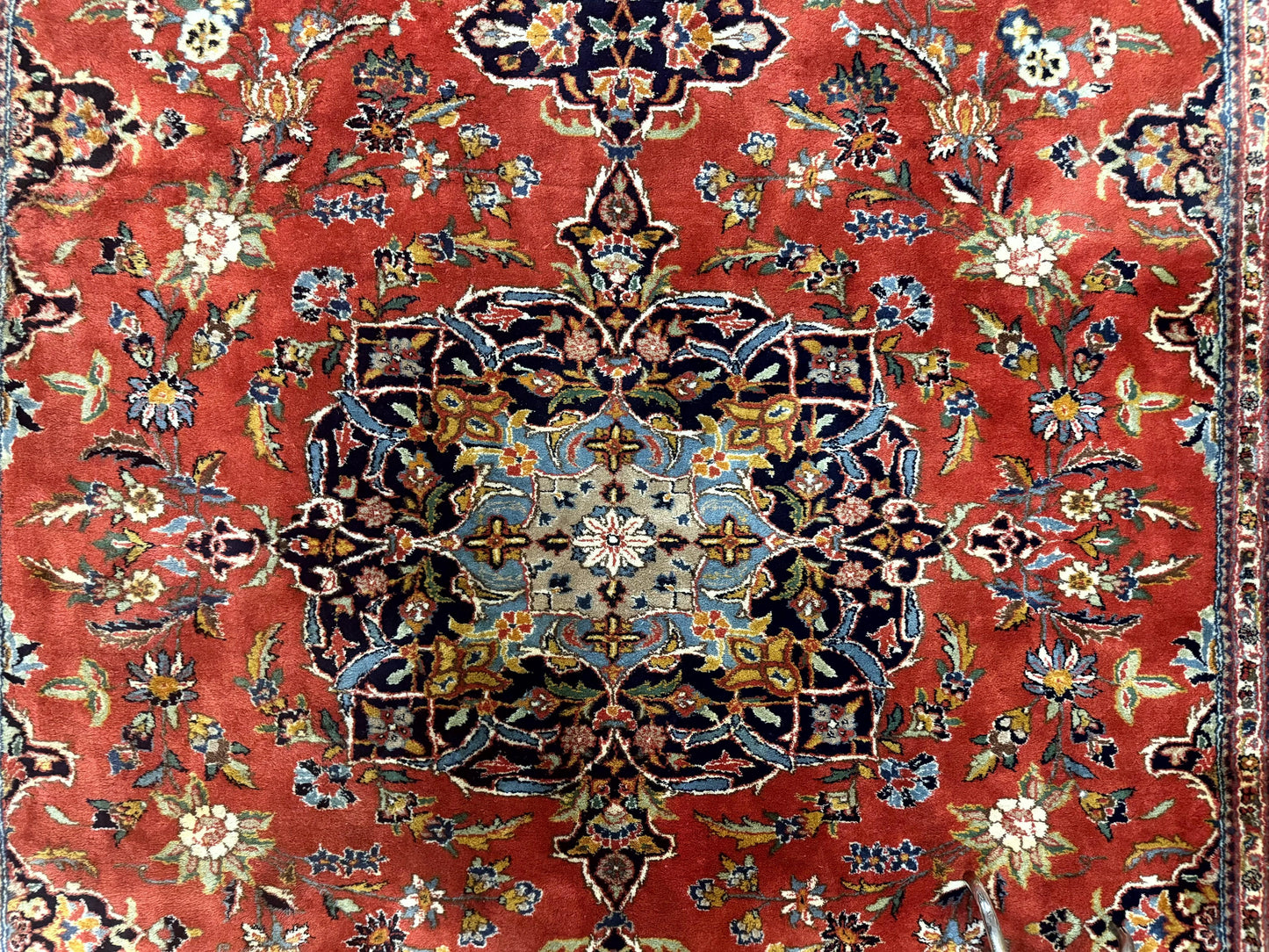 Indo Persian Rug 7x10 Vintage Handmade Wool Carpet Floral Medallion Red And Midnight Blue
