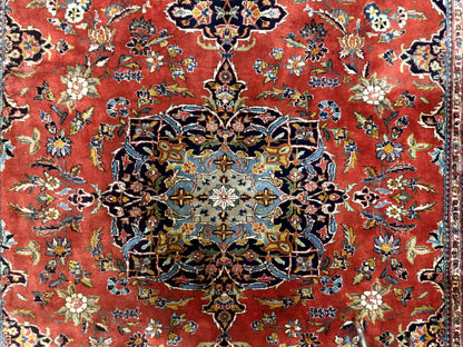 Indo Persian Rug 7x10 Vintage Handmade Wool Carpet Floral Medallion Red And Midnight Blue