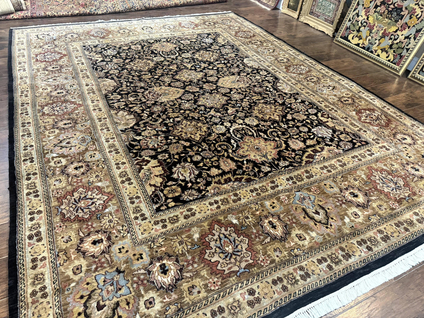 Indo Persian Rug 9x12, Floral Allover, Midnight Blue, Handmade Vintage Wool Oriental Carpet