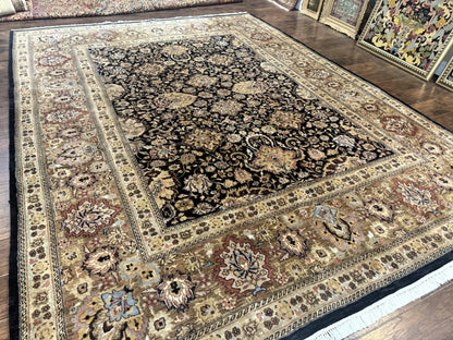 Indo Persian Rug 9x12, Floral Allover, Midnight Blue, Handmade Vintage Wool Oriental Carpet