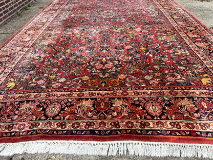 Large Antique Persian Sarouk Rug 11x18, Red, Floral Allover, Palace Size Wool Handmade Carpet