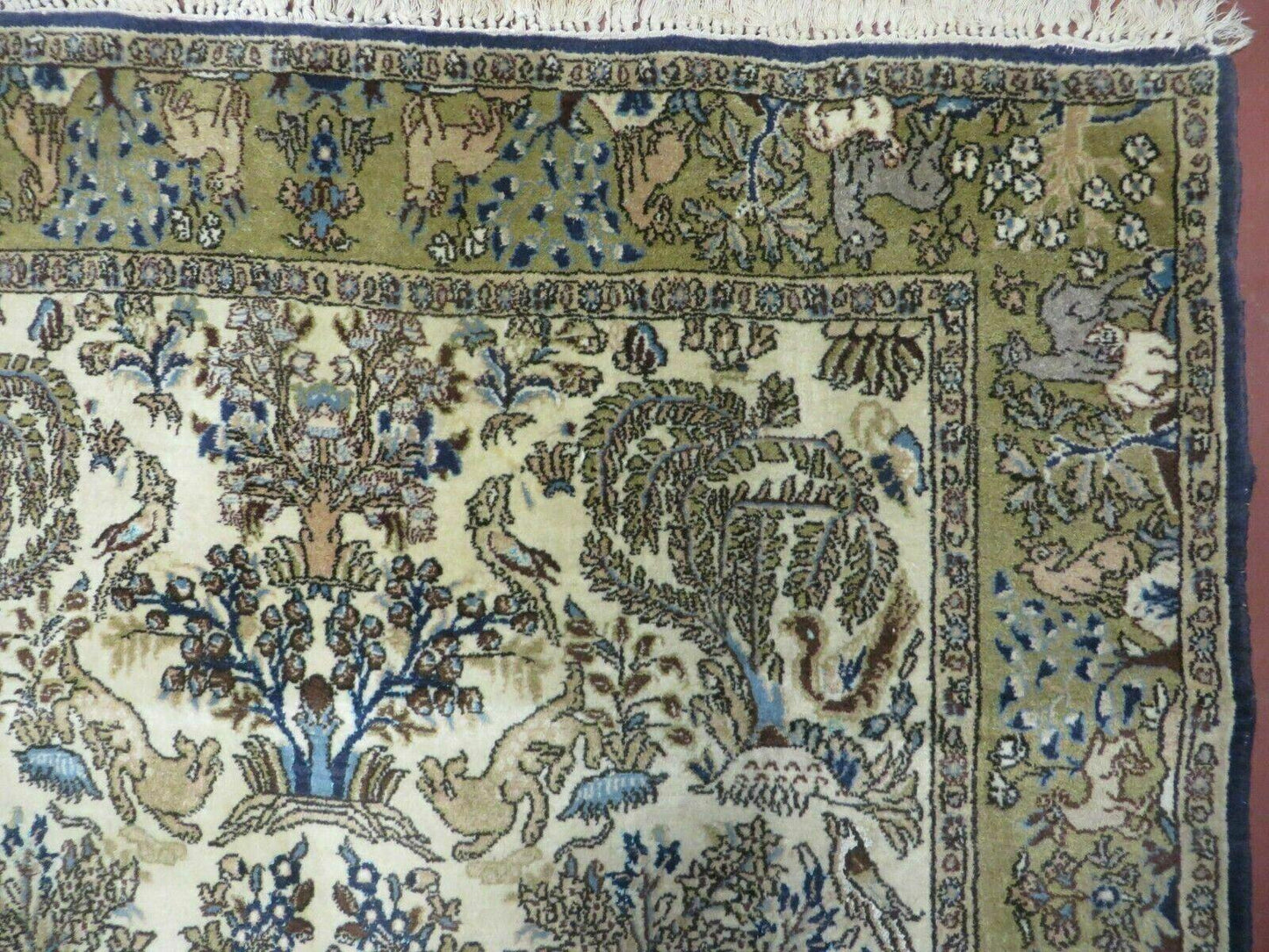 Handmade India Tree Of Life Rug Wool Silk 4x6 Oriental Pictorial Birds Deer Vintage 1960s