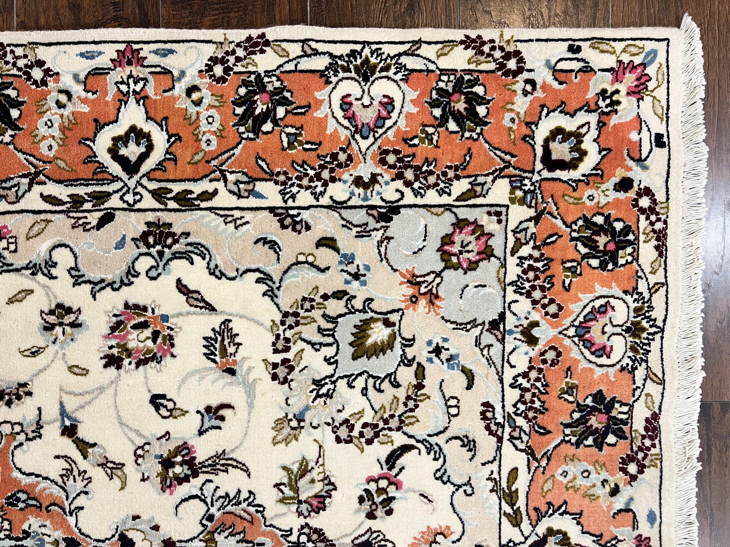 Persian Tabriz Rug 4.5  x 6.8, Finely Hand Knotted Wool with Silk Highlights Vintage Oriental Carpet, Cream and Salmon, High KPSI, Floral Medallion