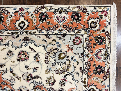 Persian Tabriz Rug 4.5  x 6.8, Finely Hand Knotted Wool with Silk Highlights Vintage Oriental Carpet, Cream and Salmon, High KPSI, Floral Medallion