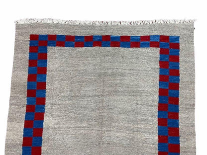 Gray Turkish Kilim Carpet 5' 7" x 7' 7", Medium Kilim Rug, Hand-Knotted, Blue & Red Border, Minimalistic Design, Geometric, Wool, New