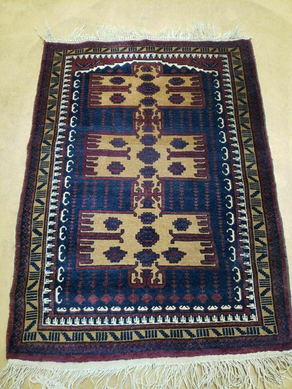Vintage Balouchi Rug Tribal Wool 3x4 Handmade Natural Dyes