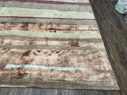 Modern Tibetan Rug 8x11 Nepali Carpet, Shiny Velvely Soft Wool and Silk, Contemporary Hand Knotted Rug, Striped Design, Wool Area Rug 8 x 11