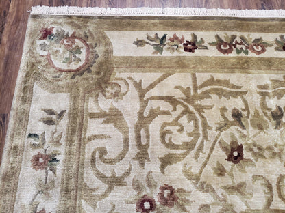 Vintage Nepali Tibetan Aubusson Rug 6x9, Wool Hand-Knotted Cream Beige Carpet, Leaves & Floral Pattern 6 x 9 Soft Area Rug Home Office Rug