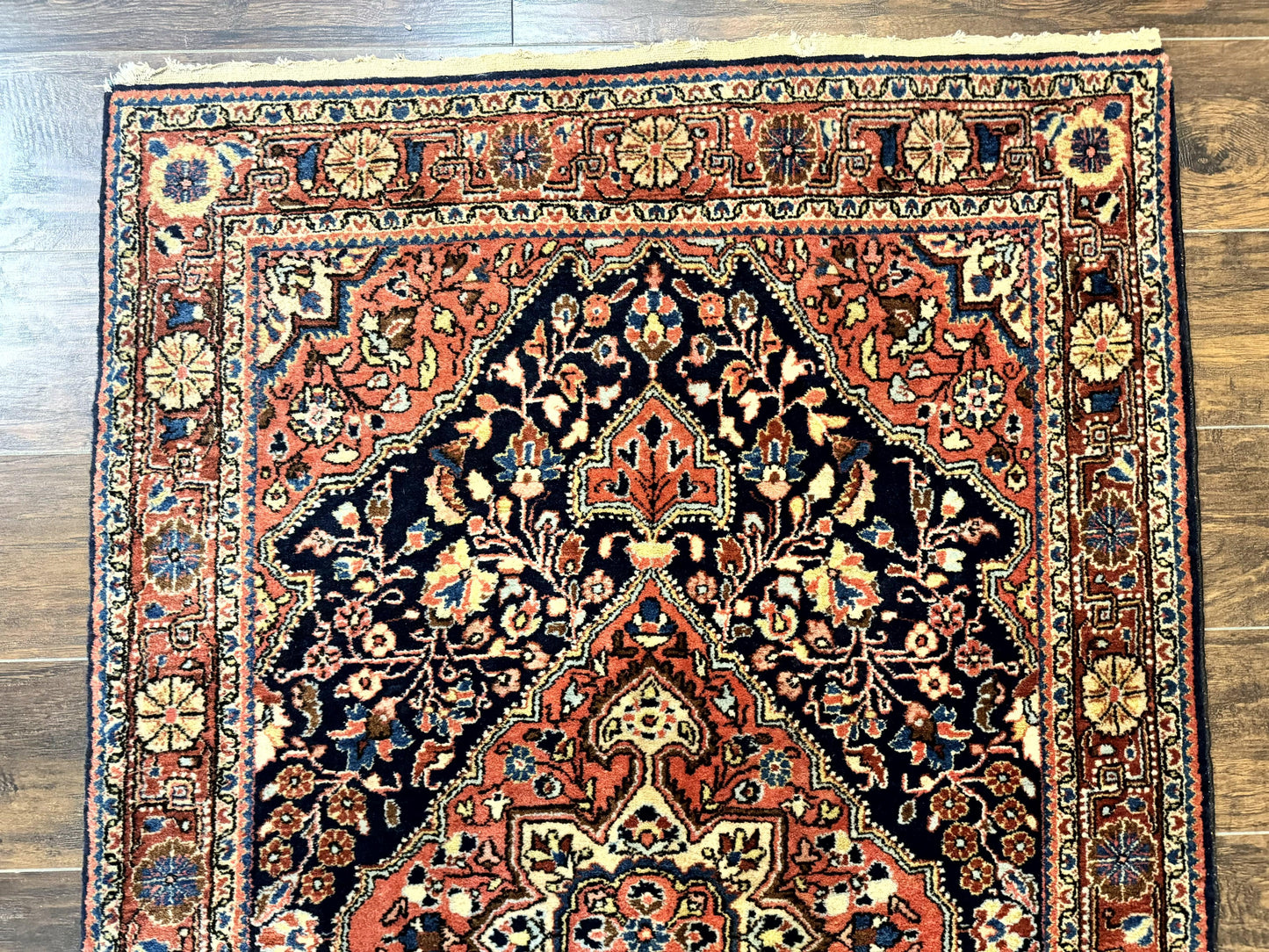Persian Sarouk Rug 3.6 x 5, Medallion Rug, Red and Midnight Blue, Handmade Semi Antique Vintage Wool Carpet