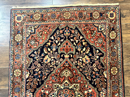 Persian Sarouk Rug 3.6 x 5, Medallion Rug, Red and Midnight Blue, Handmade Semi Antique Vintage Wool Carpet