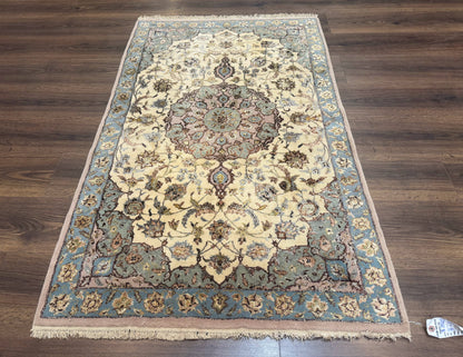 Persian Isfahan Rug 3x5, Fine 310 KPSI, Kork Wool Silk Foundation, Cream & Light Green
