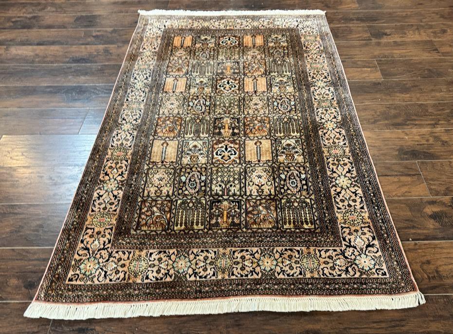 Indian Kashmiri Silk Rug 4x6, Panel Design, Multicolor, Fine