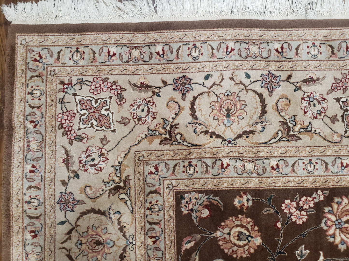 Pak-Persian Vintage Wool Rug 9x12 Hand-Knotted Spice Brown Ivory Traditional Oriental Carpet