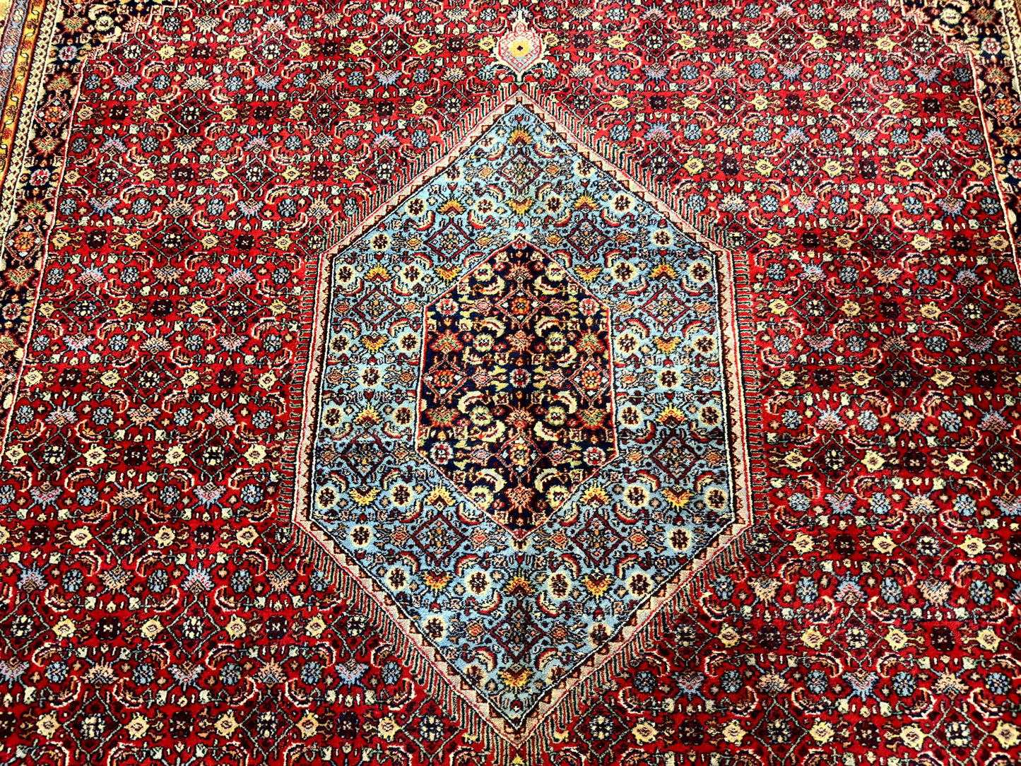 Indo Persian Bidjar Rug 10x14 Red And Dark Blue Herati Mahi Pattern Vintage