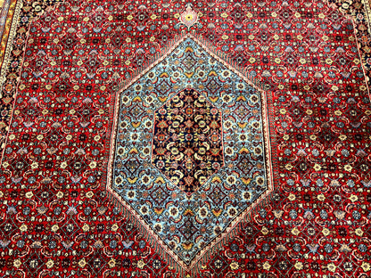 Indo Persian Bidjar Rug 10x14 Red And Dark Blue Herati Mahi Pattern Vintage