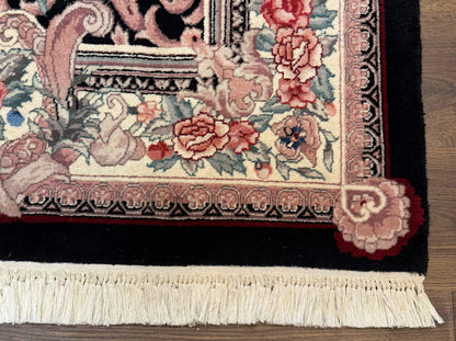 Aubusson Rug 4x6 Hand Knotted Wool Elegant European Floral Design Black Ivory Area Rug