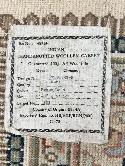 Indo Persian Rug 6x9, Wool Hand Knotted Vintage Carpet, Salmon & Ivory, Traditional Oriental Rug 6 x 9